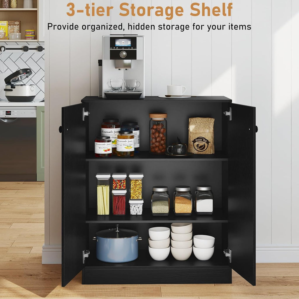 LOKO 2-Door Storage Cabinet, Modern Floor Cabinet with 3-Tier Shelf, Freestanding Side Cabinet with Anti-Toppling Device, Storage Organizer for Living Room, Kitchen, Dining Room, Entryway (Black)