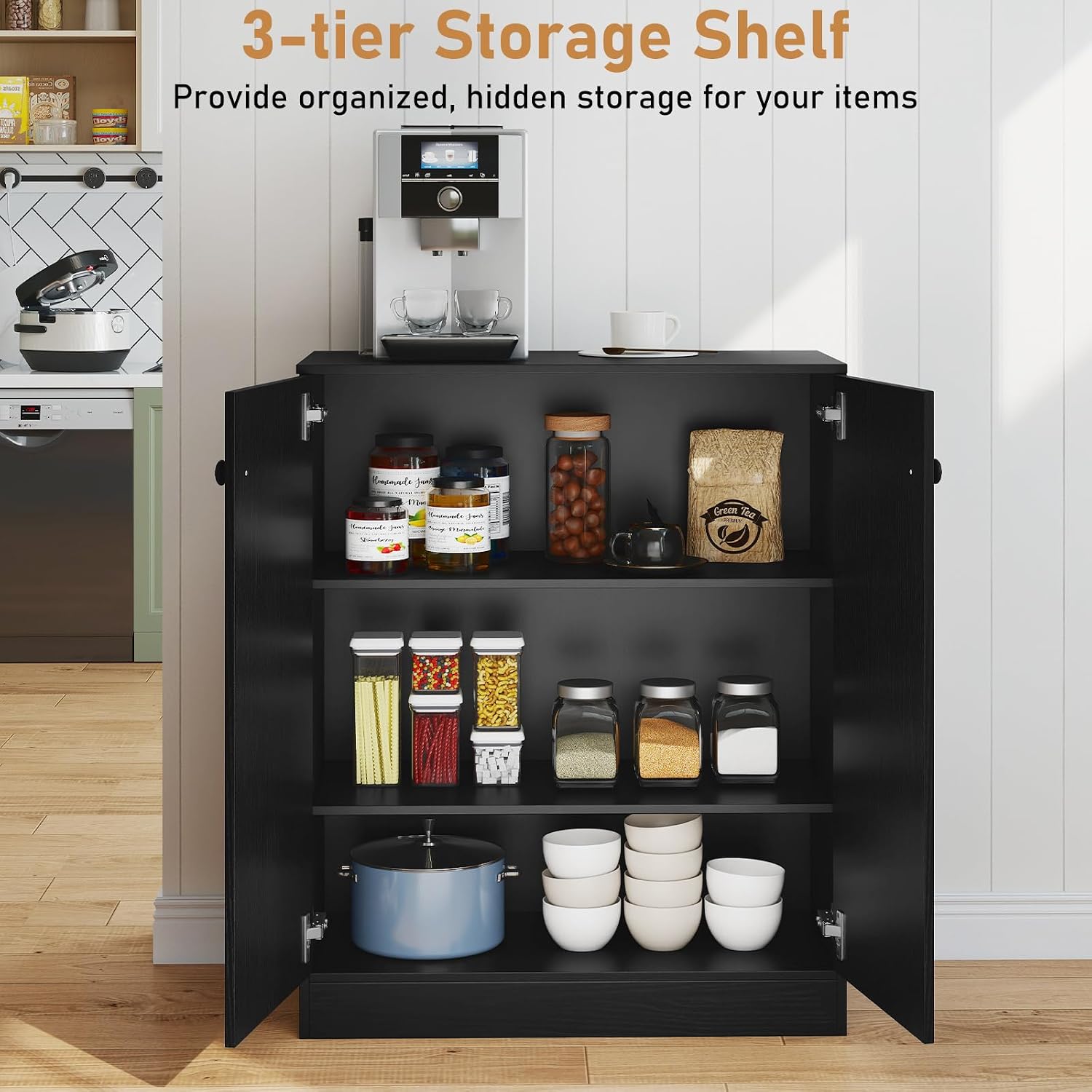 LOKO 2-Door Storage Cabinet, Modern Floor Cabinet with 3-Tier Shelf, Freestanding Side Cabinet with Anti-Toppling Device, Storage Organizer for Living Room, Kitchen, Dining Room, Entryway (Black)