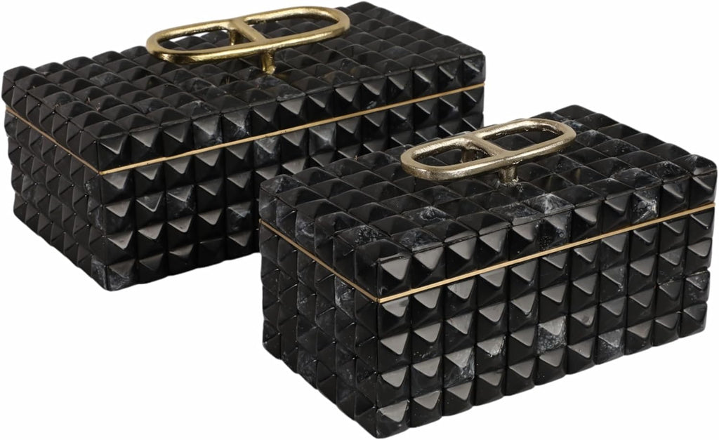 Decorative Jewelry Boxes for Home Decor – Elegant Keepsake and Storage Boxes with Lid – Studded Pattern Home Organizer for Living Room Decor, Bedroom, Office, or Shelf Set of 2 – 6' Gray & Gold