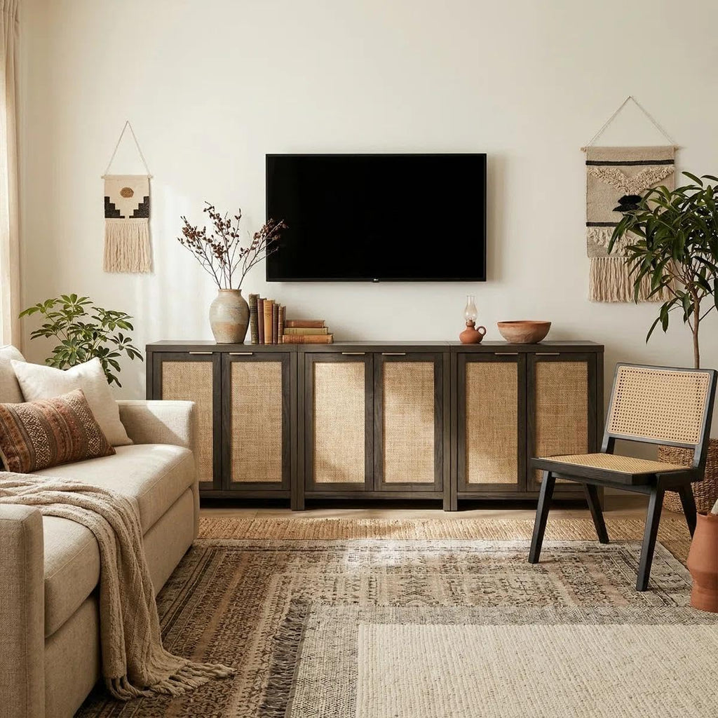 OAKHAM HOME Rattan Sideboard Cabinet with Storage, Buffet Cabinet with 2 Soft-Close Doors, Adjustable Shelves and 110 lbs Top, Storage Cabinet for Living Room, Kitchen, Entryway, Black Oak