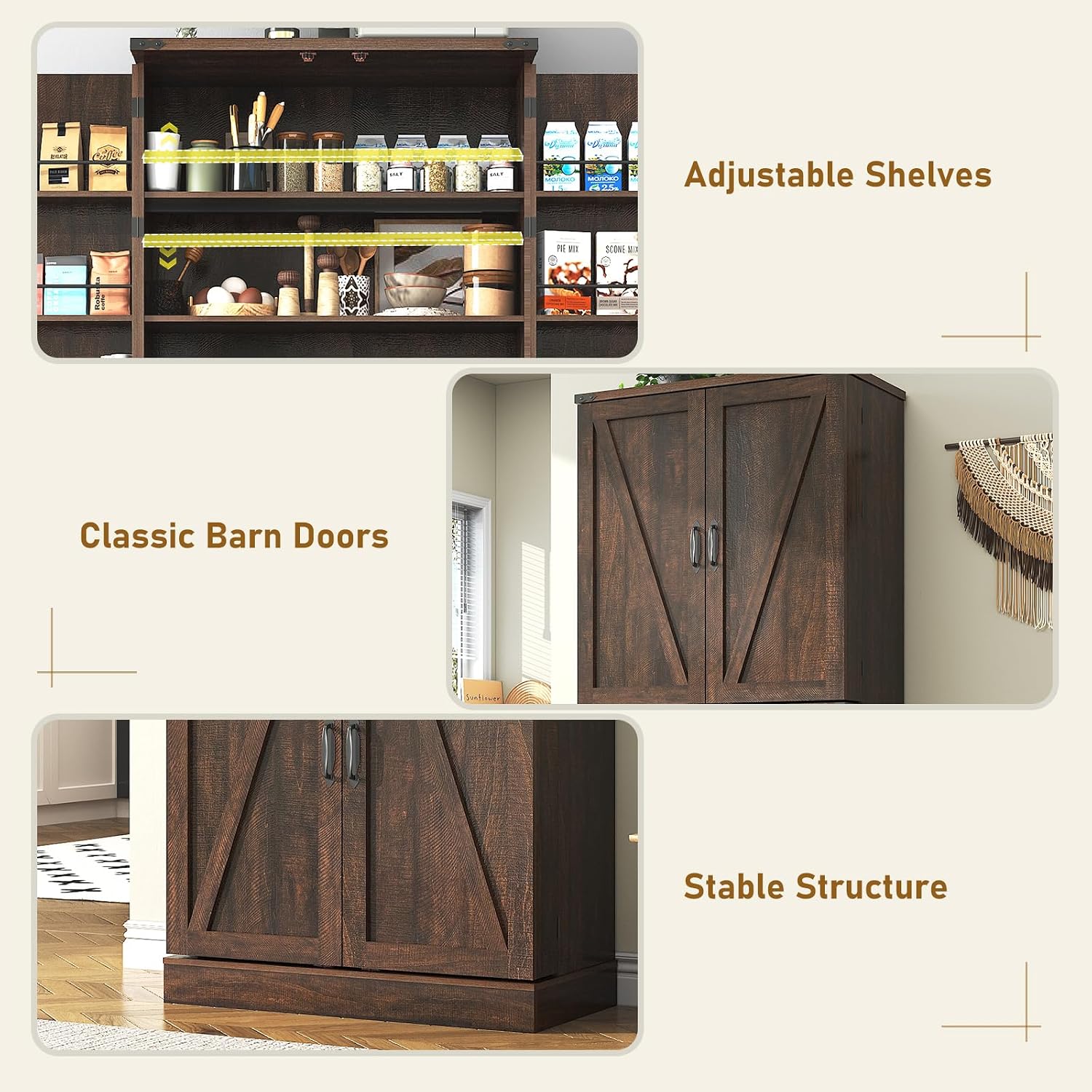 71' Tall Kitchen Pantry Cabinet, Farmhouse Tall Kitchen Storage Cabinet with Adjustable Shelves & 4 Barn Style Doors, Wooden Storage Cabinet for Kitchen, Dining Room, Living Room, Bathroom, Office