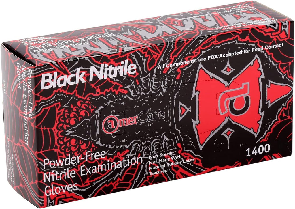 AmerCare Black Widow Powder Free Nitrile Gloves, Large, Black, Case of 1000
