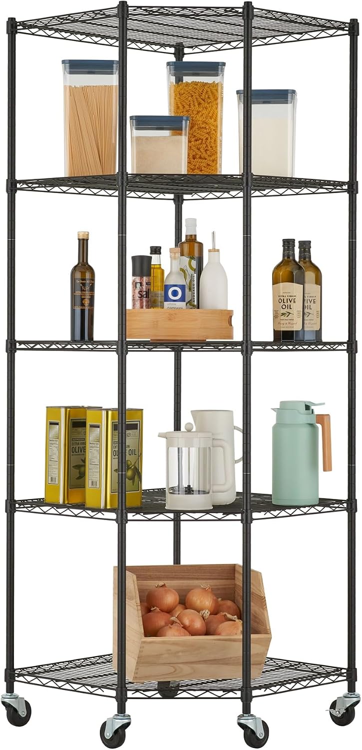 5-Tier Adjustable Wire Shelving with Wheels, Corner Wire Shelf Rack for Kitchen Organization, Garage Storage, 400 to 2000lb Capacity, NSF Certified, 27'x27 x18'x72', Black