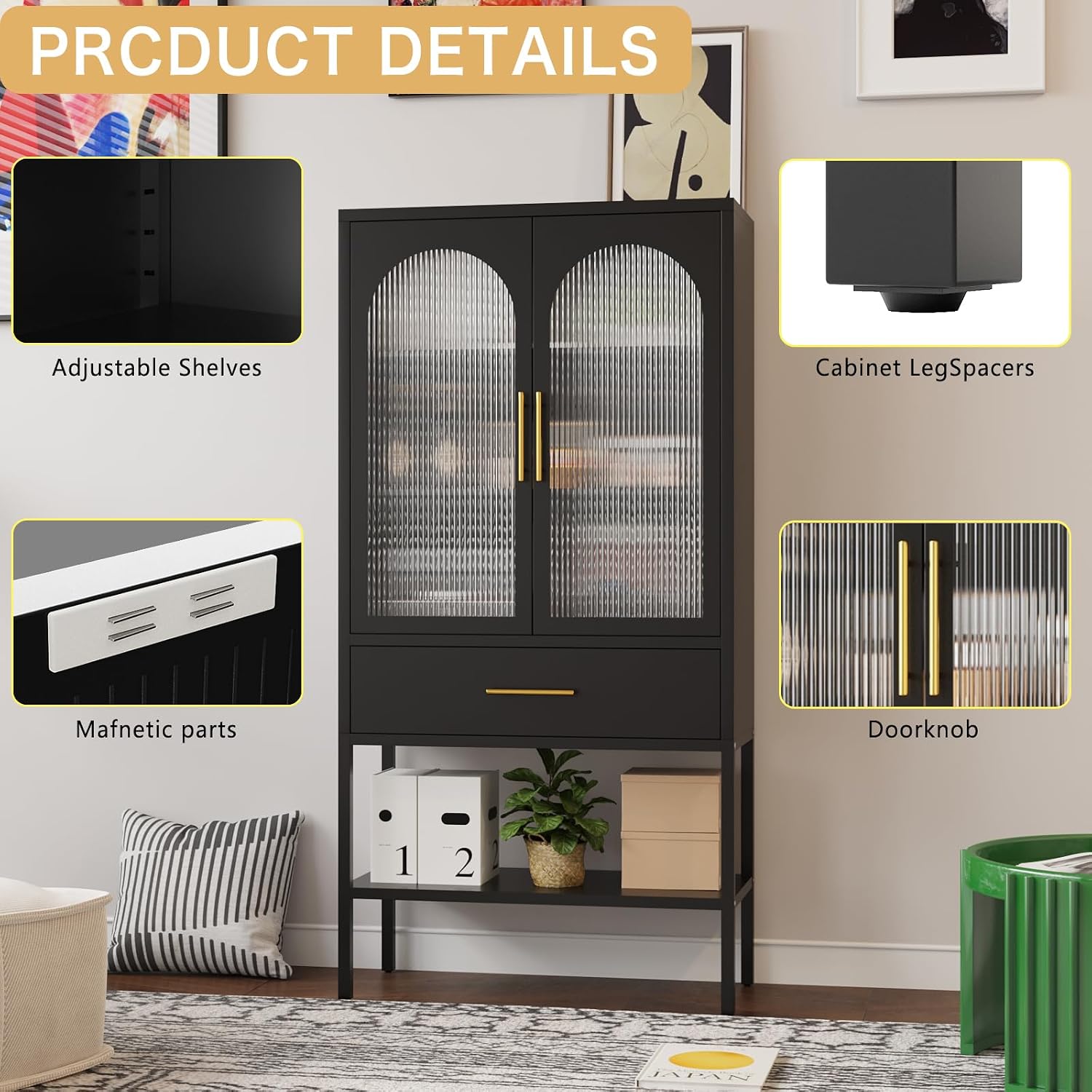ALBAD 63 Inch Tall Metal Pantry/Display/Storage Cabinet with Fluted Glass Doors and Drawer & Adjustable Shelf for Modern Home Office Living Room Kitchen Black