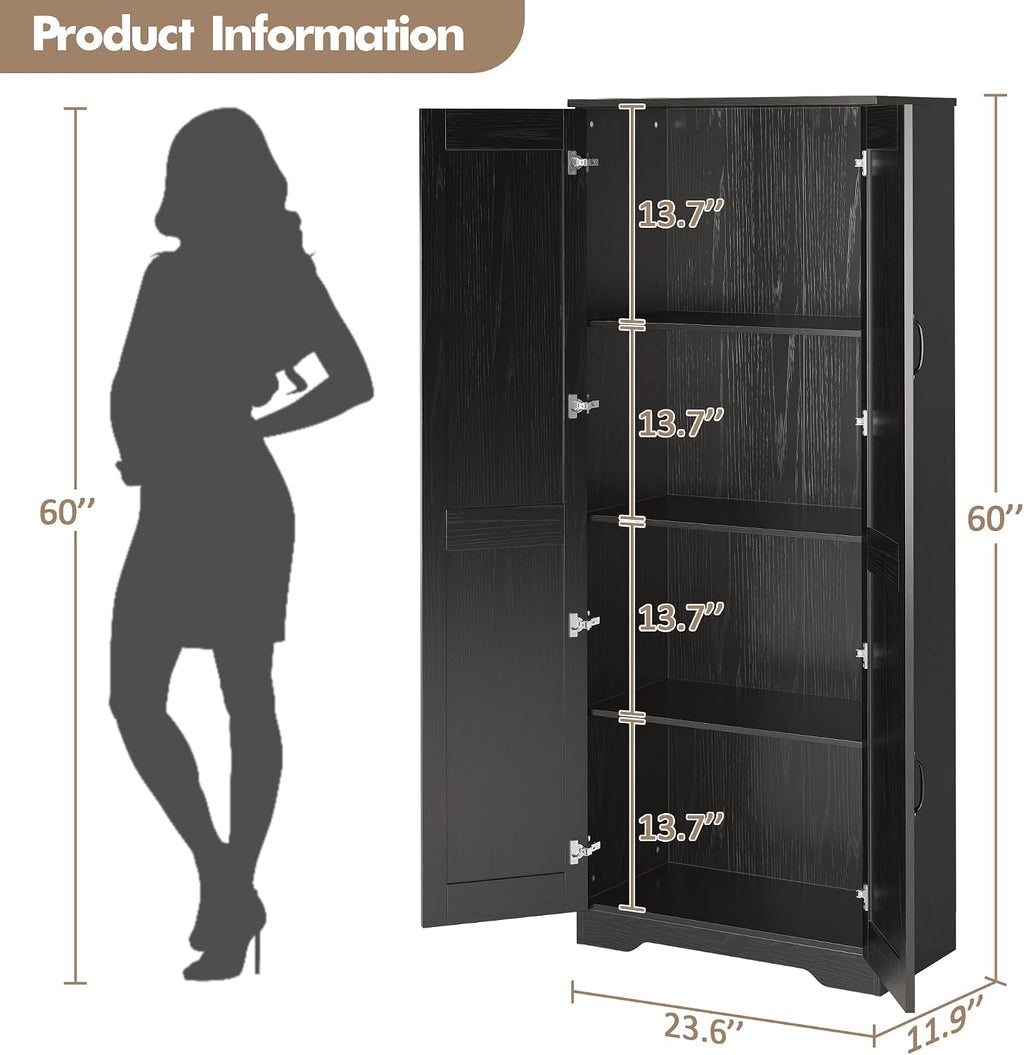 IDEALHOUSE Tall Pantry Cabinet, 60' Kitchen Pantry Storage Cabinet with 2 Doors and Adjustable Shelves, Freestanding Kitchen Cabinet, Cupboard for Dining Room, Bathroom, Antique Black