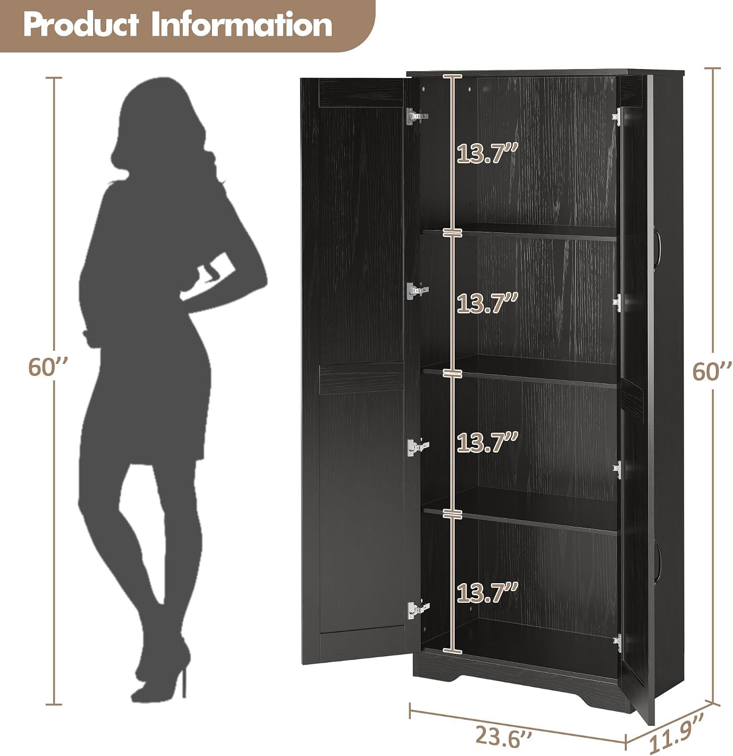 IDEALHOUSE Tall Pantry Cabinet, 60' Kitchen Pantry Storage Cabinet with 2 Doors and Adjustable Shelves, Freestanding Kitchen Cabinet, Cupboard for Dining Room, Bathroom, Antique Black
