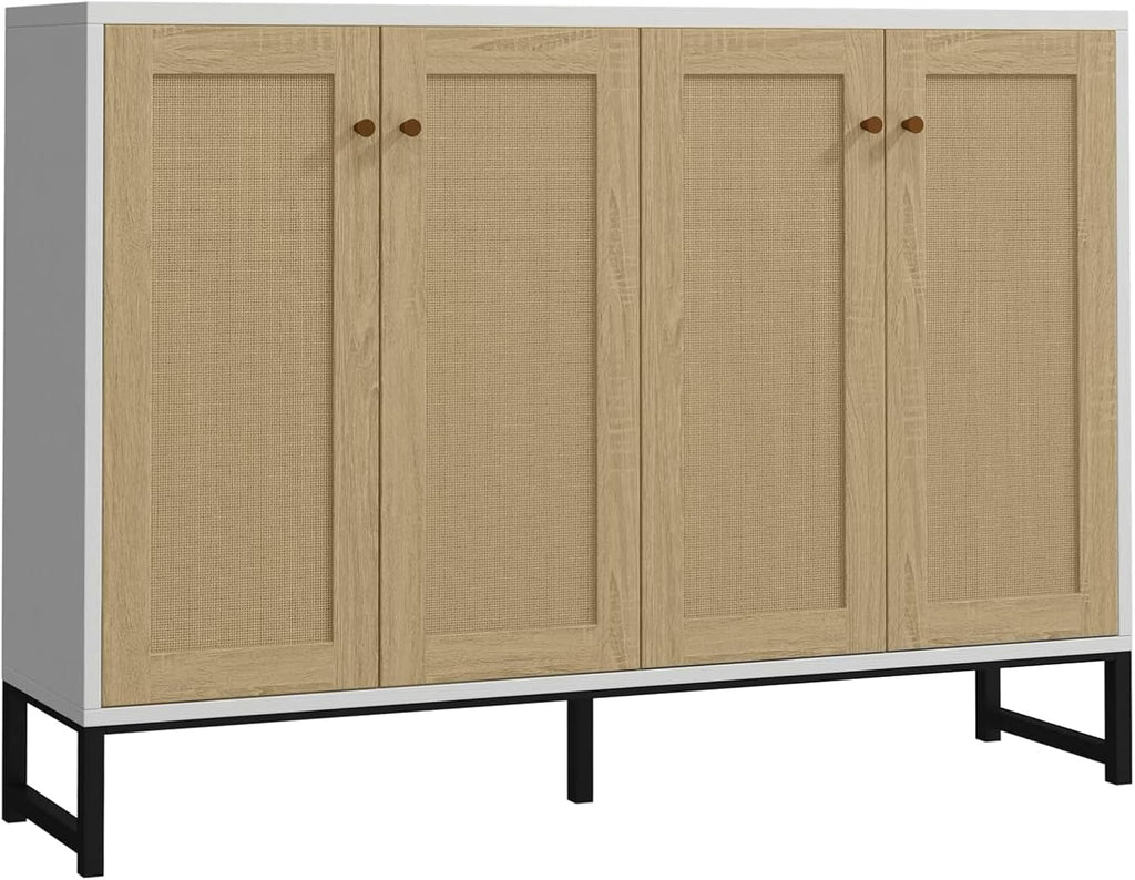Panana Sideboard Accent Storage Cabinet with Rattan Decorated 4 Doors Dining Room Freestanding Kitchen Buffet Table Cupboard (White)