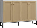 Panana Sideboard Accent Storage Cabinet with Rattan Decorated 4 Doors Dining Room Freestanding Kitchen Buffet Table Cupboard (White)