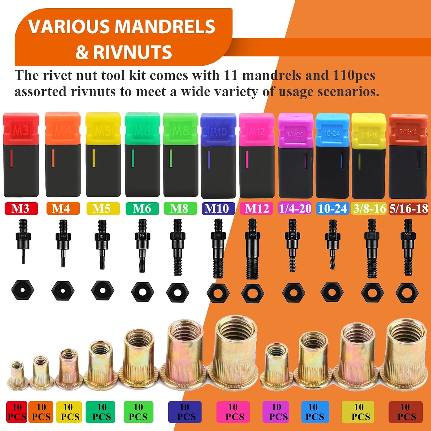 1310pcs Rivet Nut Tool Kit,16-Inch Rivnut Tool Kit with 11 Metric & SAE Mandrels(M3 M4 M5 M6 M8 M10 M12;SAE 10-24,1/4-20,5/16-18,3/8-16),NutsertTool Kit Rivet Nut Assortment Kit with Carrying Case