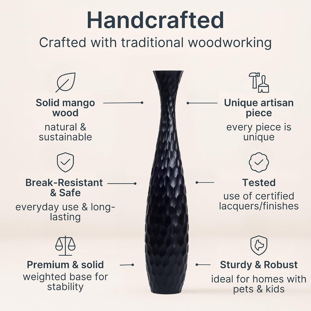 Leewadee Large Black Home Decor Floor Vase - Wooden 41 inch Tall Farmhouse Decor Flower Holder for Fake Plant and Pampas Grass
