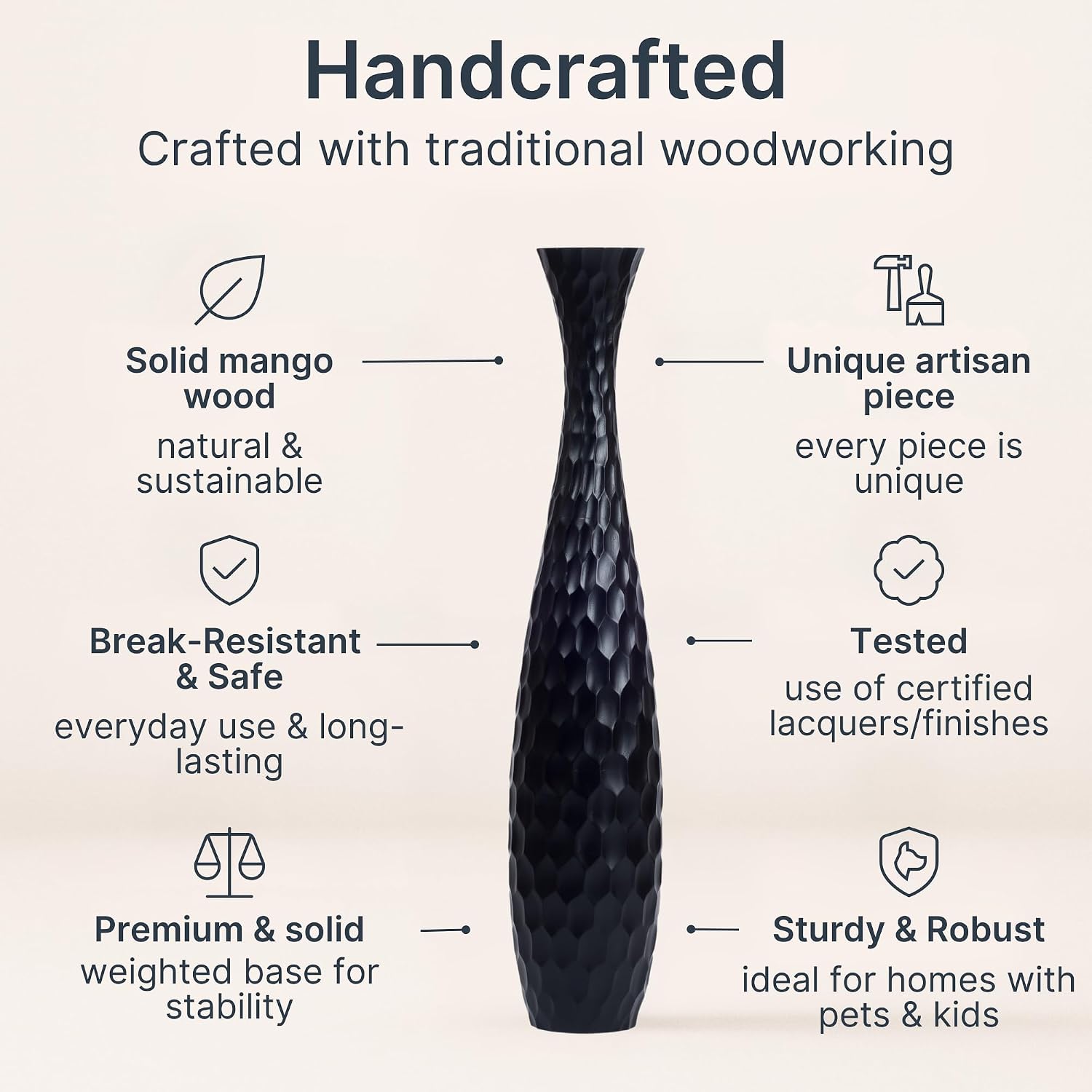 Leewadee Large Black Home Decor Floor Vase - Wooden 41 inch Tall Farmhouse Decor Flower Holder for Fake Plant and Pampas Grass