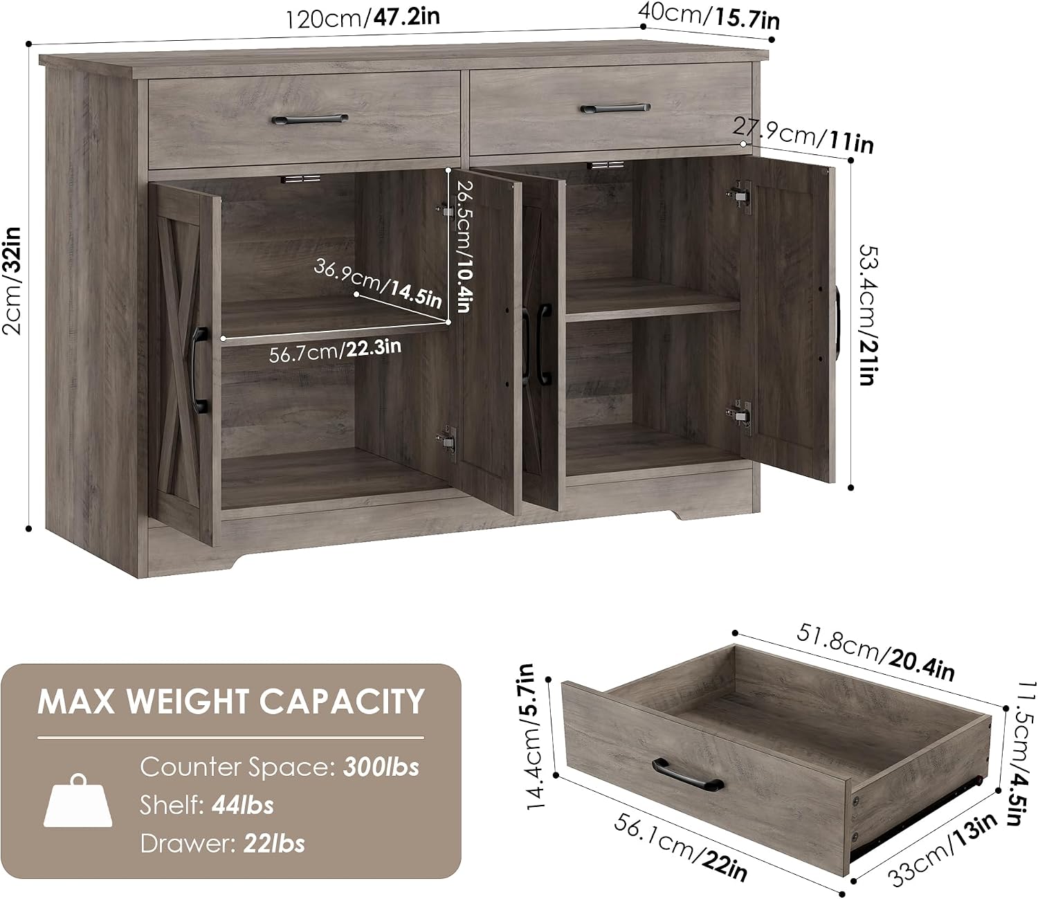 HOSTACK Buffet Cabinet with Storage, 47.2' Kitchen Sideboard Buffet with Drawers, Modern Farmhouse Coffee Bar Station with Shelves, Barn Doors Storage Cabinet for Living Room, Ash Grey