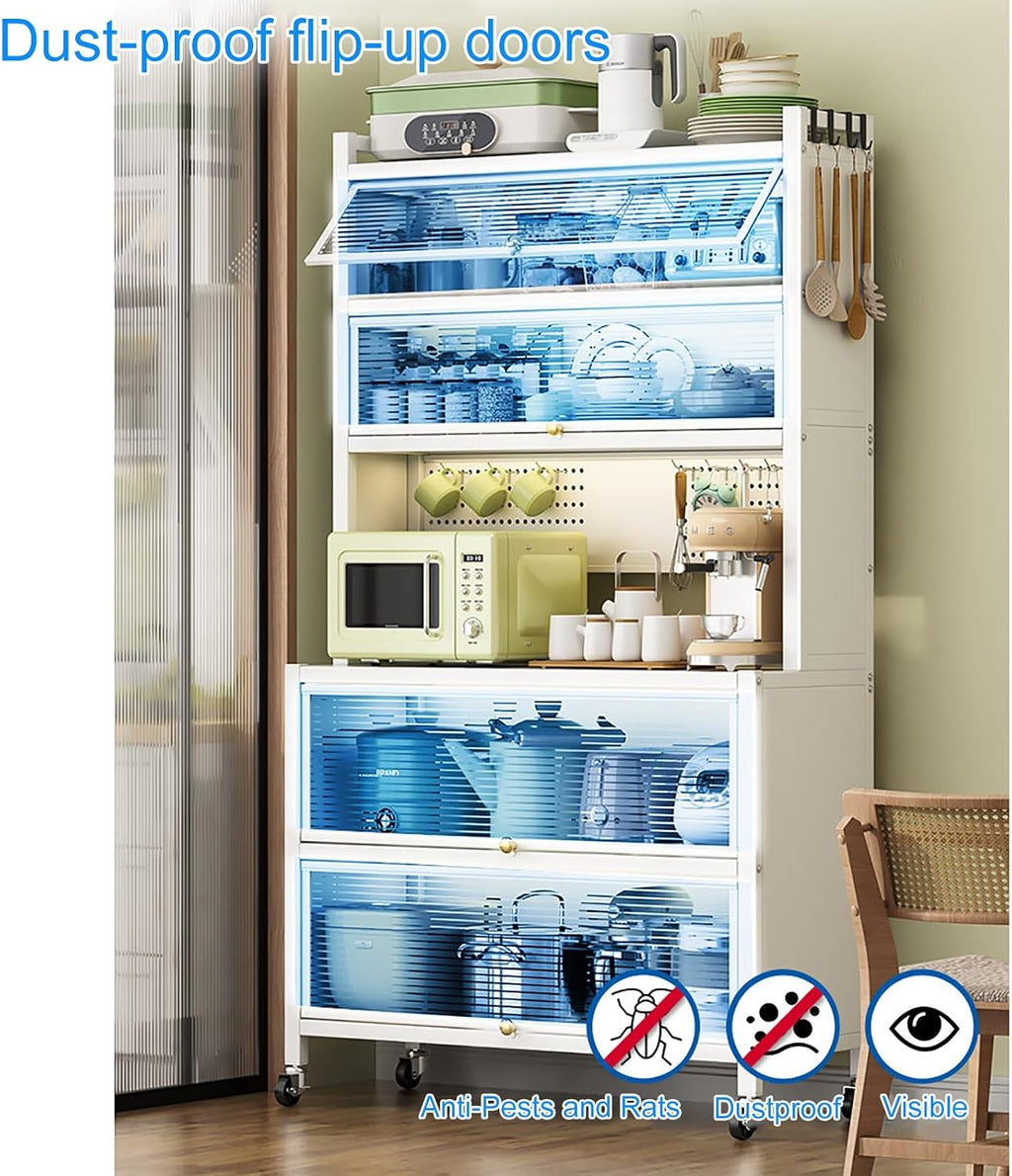 Baker's Rack with Kitchen Storage Drawer Cabinet - Flip Door and Drawer Microwave Stand Rack with Pegboard and Accessories, Metal Shelves for Garage Pantry Home Kitchen Spices (Color : White, Size :