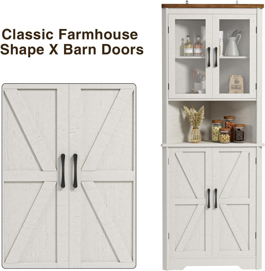 67''H Tall Corner Cabinet with 4 Tempered Glass Doors and Barn Doors, Farmhouse Storage Cabinet with 2 Adjustable Shelves, Home Pantry Hutch for Kitchen, Dining Living Room, Bathroom, Antique White