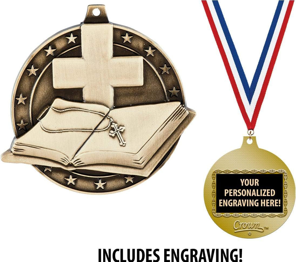 Crown Awards Religious Medals, 2' Gold Open Bible Medal Award with Free Custom Engraving