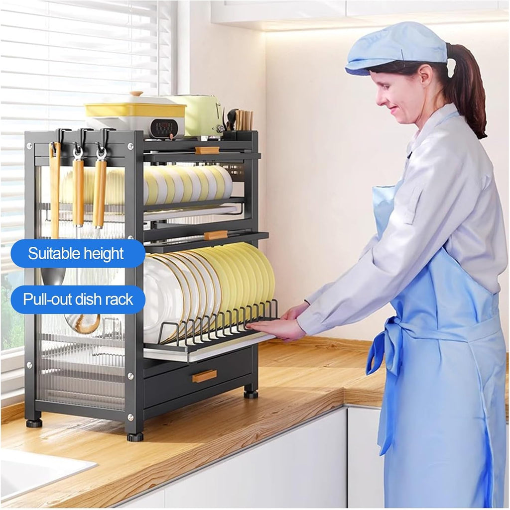 Kitchen Microwave Stand Countertop Storage Cabinet with Dish Rack Bakers Rack and Drawer Space Saving Dish Drying Rack Stand for Kitchen Nizing