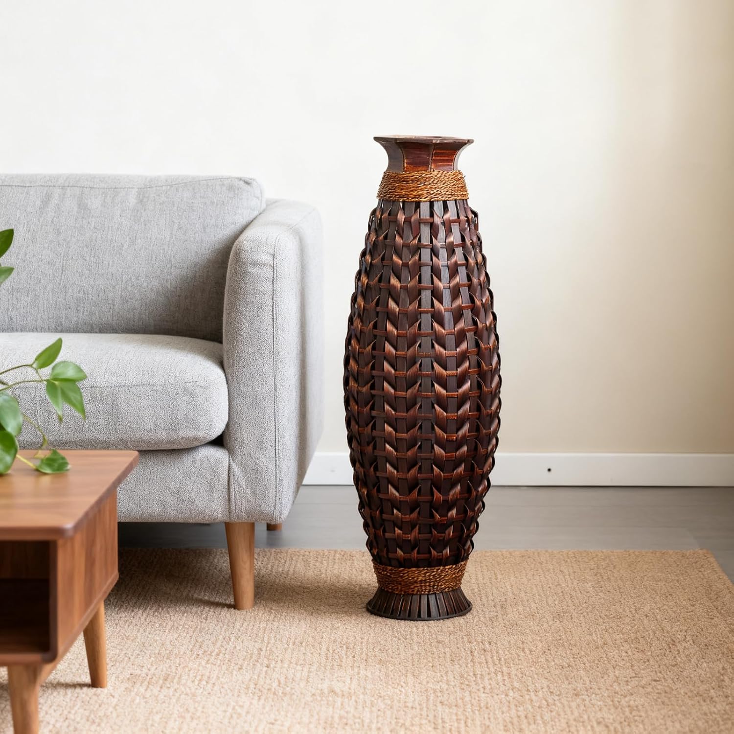 39-Inch Large Handwoven Rattan Floor Vase, Bamboo Weave Tall Vase for Dried Flowers, Boho Chic Home Decor for Living Room, Bedroom, Entryway
