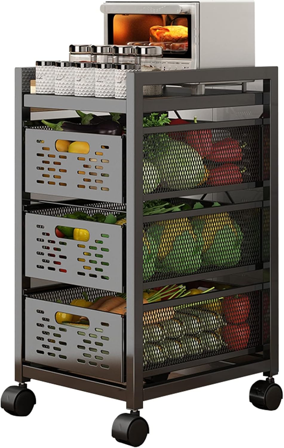 Kitchen Counter Baker's Rack with Drawers, Stackable Storage Fruit Vegetables Basket, Microwave Oven Coffee Machine Organizer Shelf, Black (Size : 3 Tier)