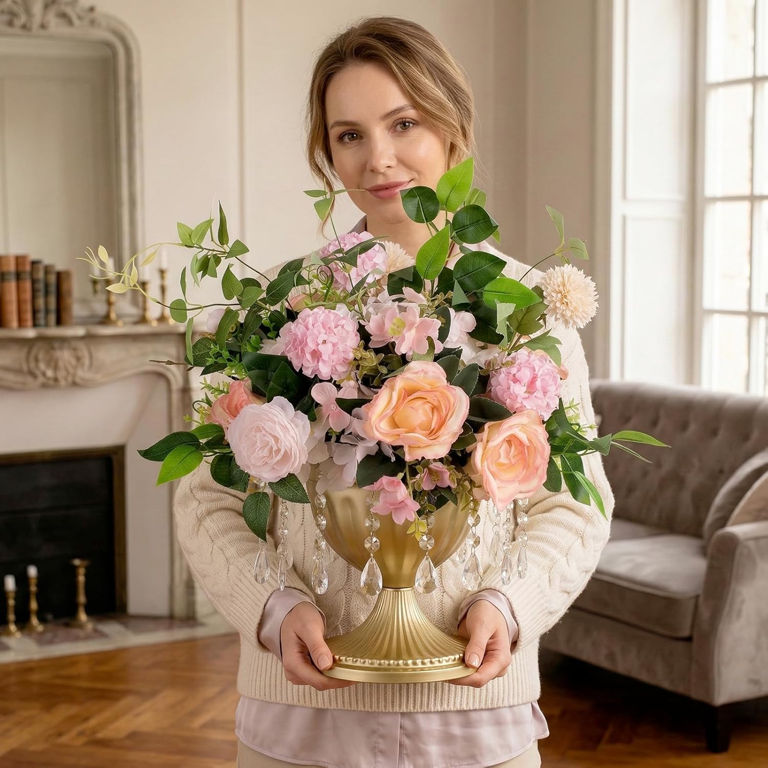 Sziqiqi Gold Urn Vase for Wedding: 8.6in Large Compote Vases Centrepieces with Crystal Beads for Table Decorations - Set of 10 Metal Urn Vases for Flower Arrangement Bowl Vase for Party Anniversary