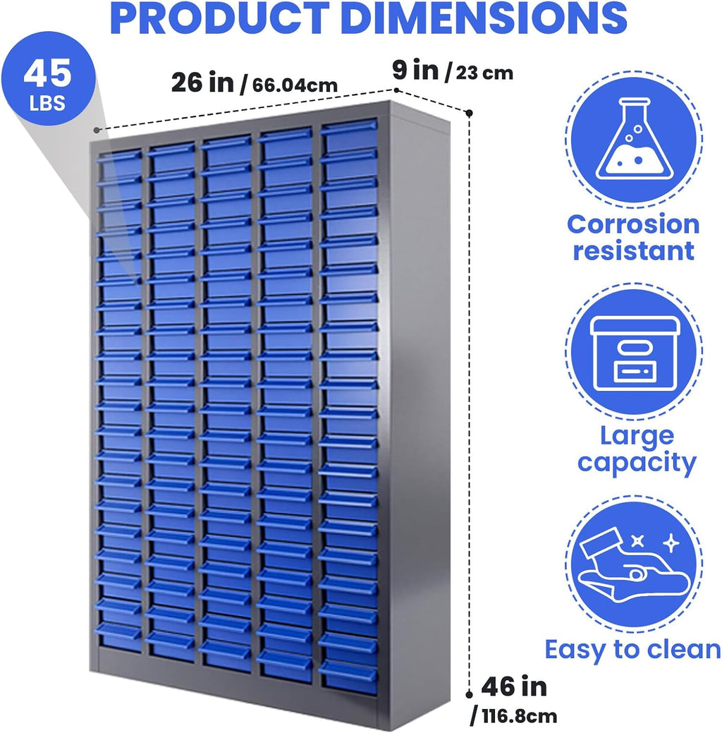 CETIVENO100 Drawer Parts Cabinet, 26'X 9'X 46' Nut and Bolt Storage Organizer, Abs Nut and Tool Storage Organizer, with Dividers and Labels for Laboratory, Studio, Home Use/Blue(100)