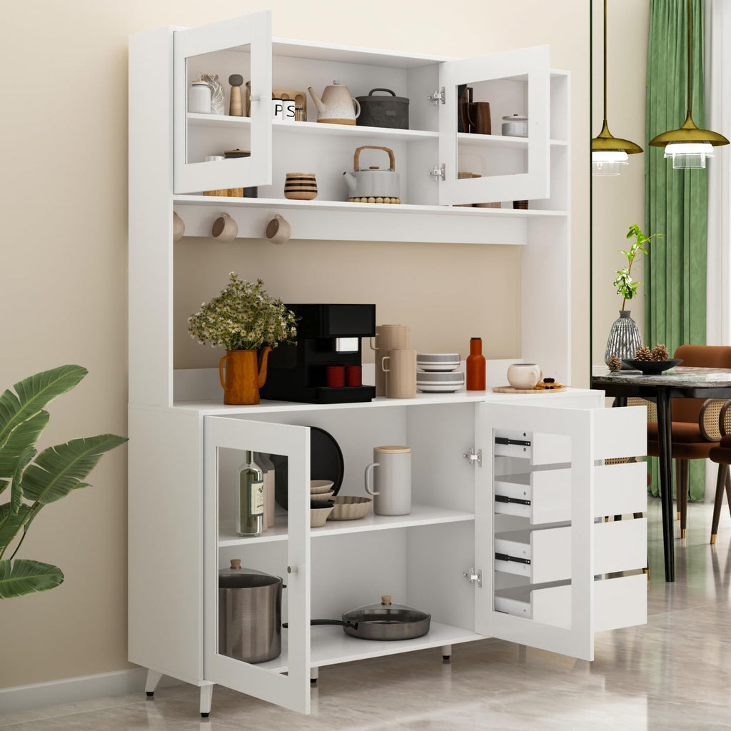 ECACAD Freestanding Kitchen Pantry Storage Cabinet with 4 Glass Doors, Shelves & 4 Drawers, Modern Sideboard Buffet Cabinet, Wood Kitchen Cupboard with Hutch and Hooks, White