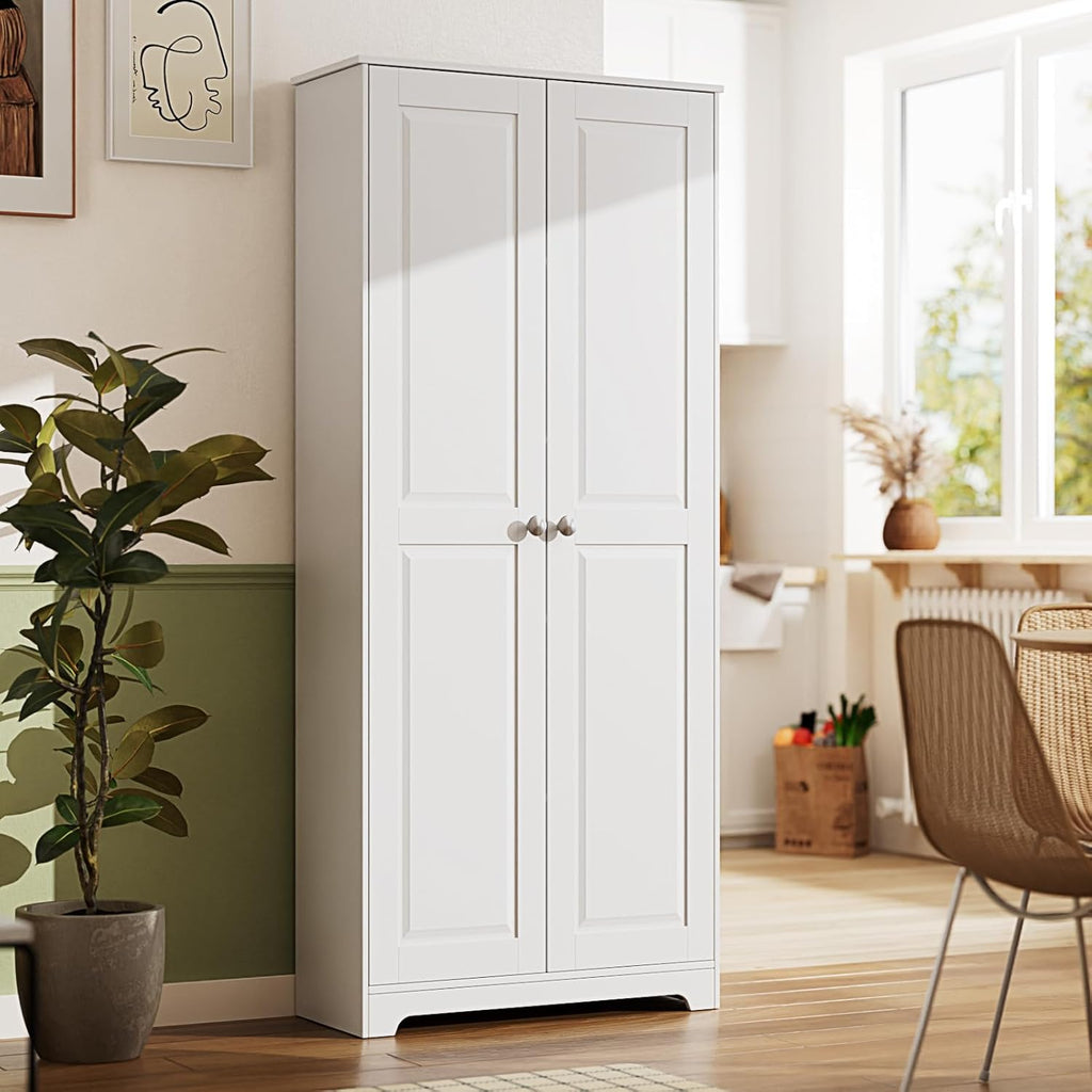 VINGLI 72' Tall Pantry Cabinet, Kitchen Pantry Storage Cabinet with 2 Doors & Adjustable Shelves, Freestanding Food Storage Cupboard for Kitchen, Dining Room, Utility Room, White