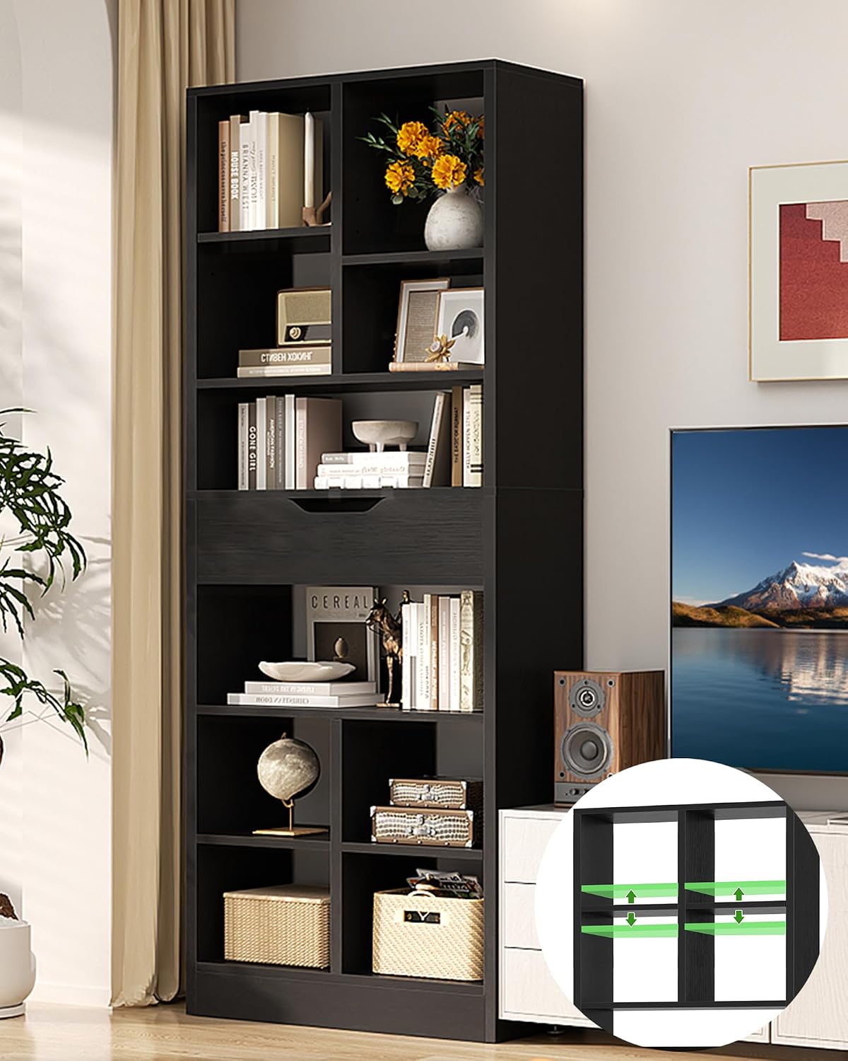 Armocity 8-Tier Tall Bookshelf with Drawer, 73.6' Narrow Freestanding Bookcase, Space-Saving Wood Display Shelves Storage for Living Room, Home Office Bedroom, Black