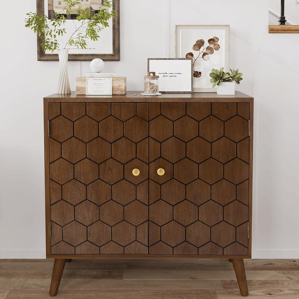 COSIEST 32' Storage Sideboard with Doors, Adjustable Shelf, Decorative Modern Accent Furniture for Living Room, Entryway, Kitchen (Brown, Honeycomb Pattern)