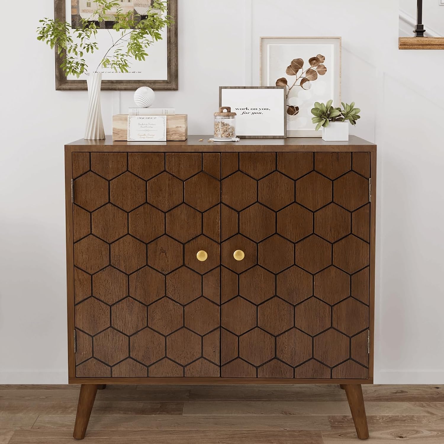 COSIEST 32' Storage Sideboard with Doors, Adjustable Shelf, Decorative Modern Accent Furniture for Living Room, Entryway, Kitchen (Brown, Honeycomb Pattern)