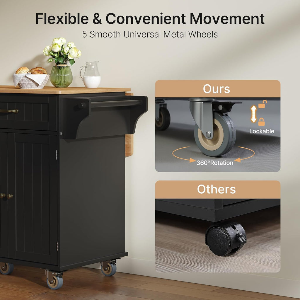 Ahomly Kitchen Island with Storage, 44.49' Kitchen Island with Trash Can Storage, Drop Leaf Rubberwood Top, Knife Holder, Adjustable Shelf, Towel Bar, Drawer, Spice Rack, Black