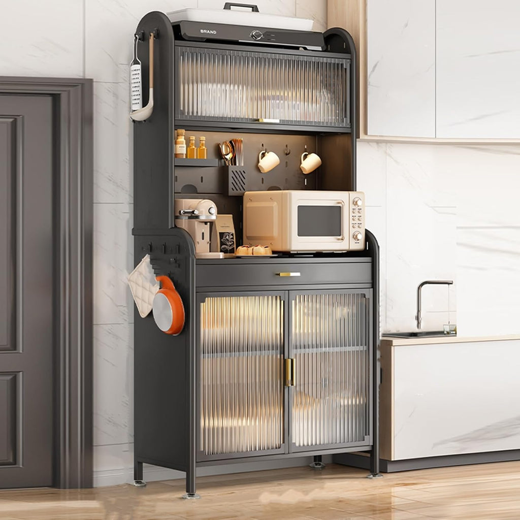 5 -Tier bakers racks for kitchens, bakers rack with drawers, Large Metal Coffee Bar Cabinet - with Transparent Flip Switch Door Design,DIY backplane creative, 4 Hooks ( Color : Black , Size : L-70CM/2