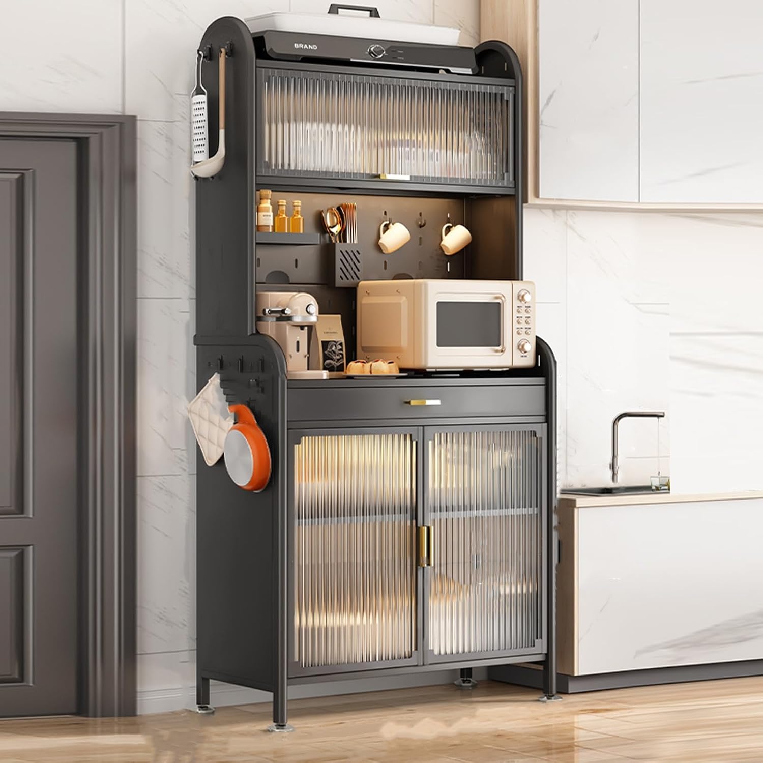 Freestanding Multi-Layer Kitchen Floor Cupboard，Microwave Storage Stand,5 -Tier Bakers Racks for Kitchens, Bakers Rack with Drawers, Large Metal Coffee Bar Cabinet - with Transparent Flip Sw