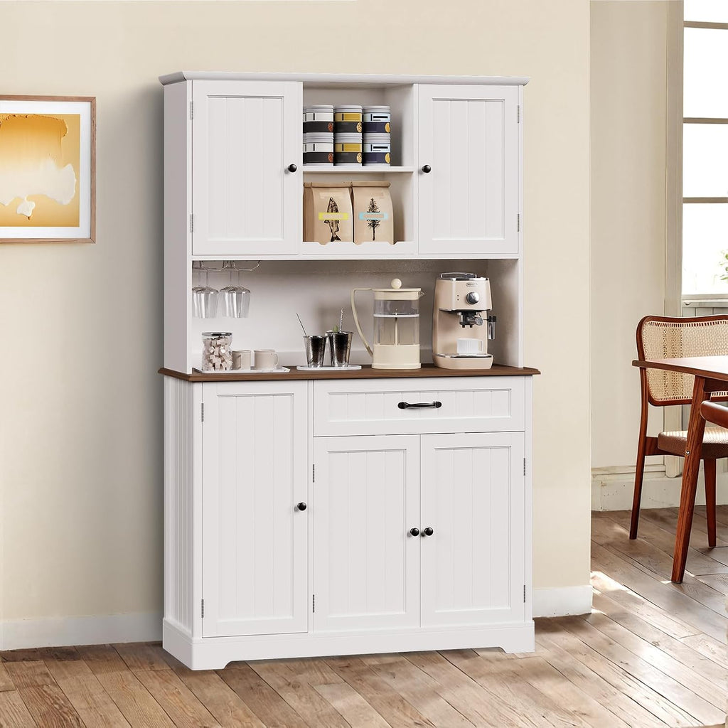 Gizoon Kitchen Pantry Cabinet with Countertop Kitchen Hutch Storage Cabinet 67.7' Tall Pantry Coffee Bar with Storage for Dining Room and Craft Room, White and Rustic
