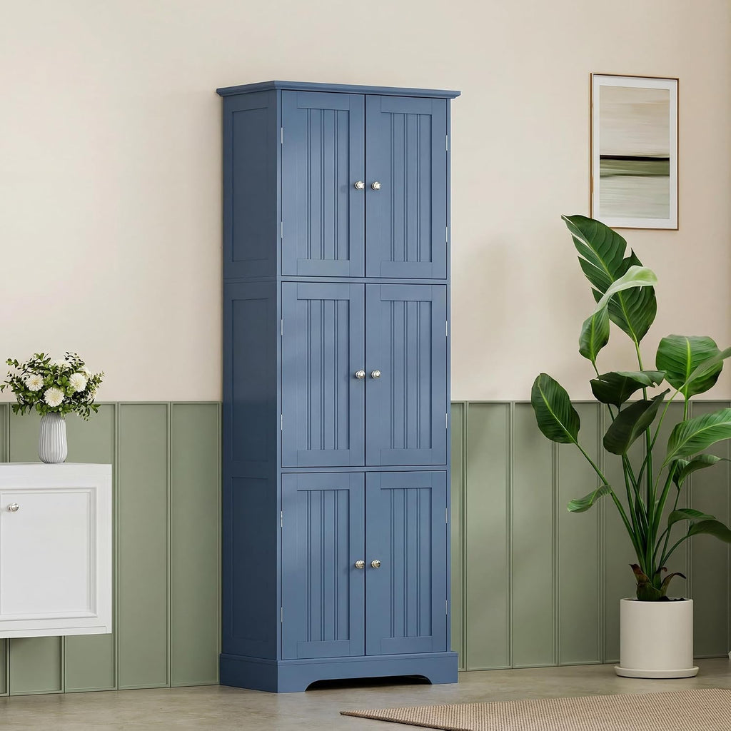 ChooChoo Tall Bathroom Storage Cabinet with 6 Doors, Freestanding Floor Cabinet with Adjustable Shelves, Blue Pantry Cabinet for Bathroom, Kitchen, Laundry Room