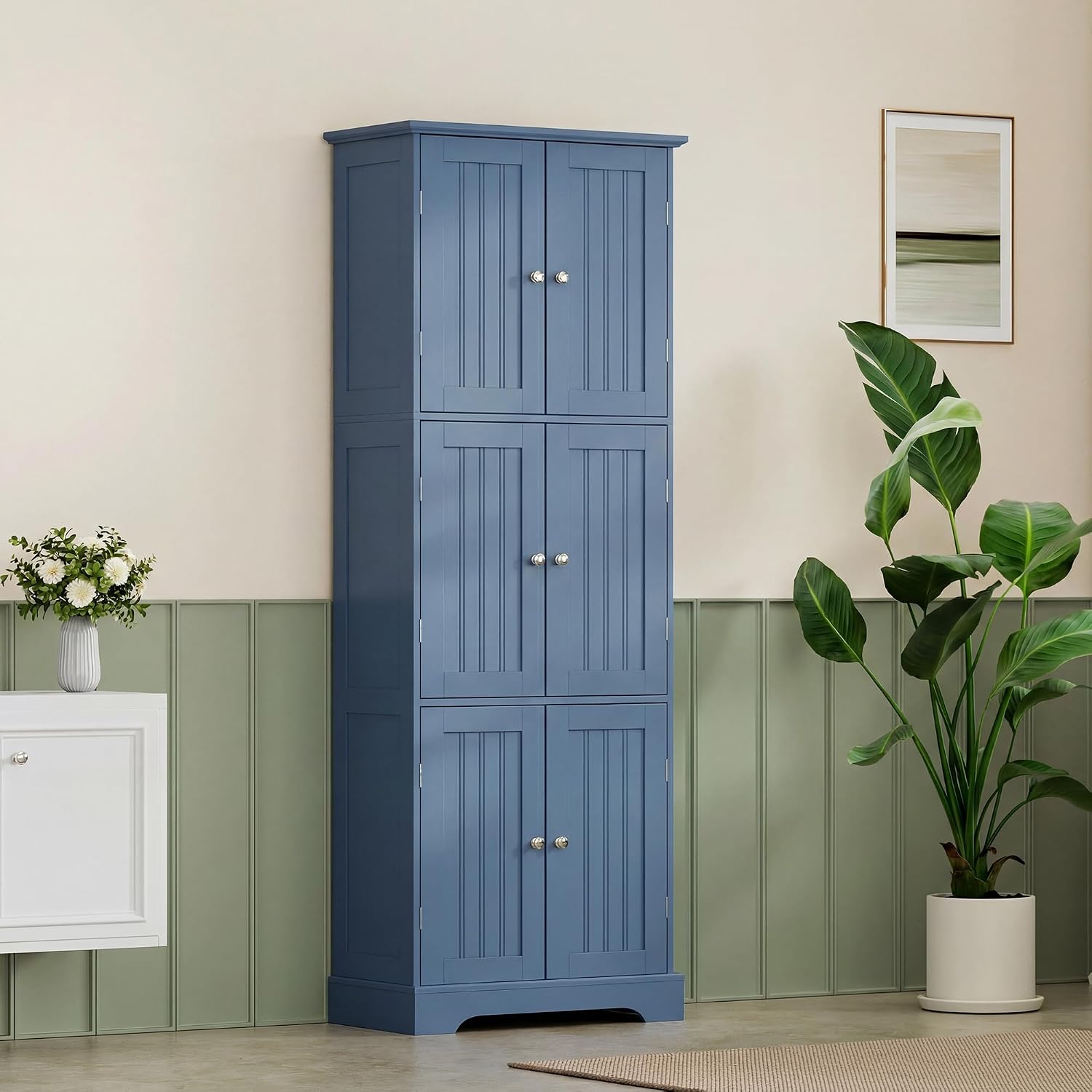 ChooChoo Tall Bathroom Storage Cabinet with 6 Doors, Freestanding Floor Cabinet with Adjustable Shelves, Blue Pantry Cabinet for Bathroom, Kitchen, Laundry Room