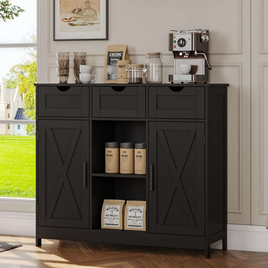 Viaozutis Storage Cabinet, Coffee Bar Cabinet with 2 Adjustable Shelves, 3 Drawers, and 2 Doors, for Bathroom, Kitchen, Living Room (Black)