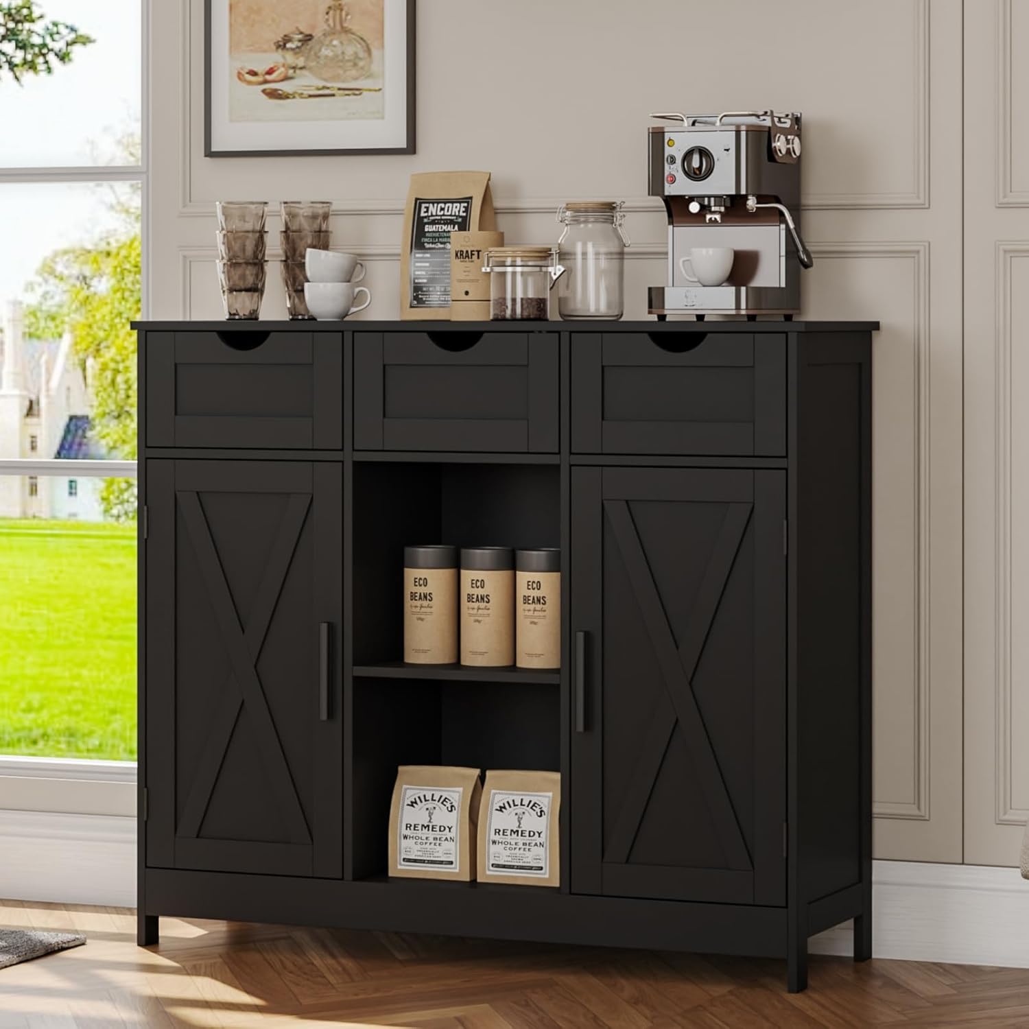 Viaozutis Storage Cabinet, Coffee Bar Cabinet with 2 Adjustable Shelves, 3 Drawers, and 2 Doors, for Bathroom, Kitchen, Living Room (Black)