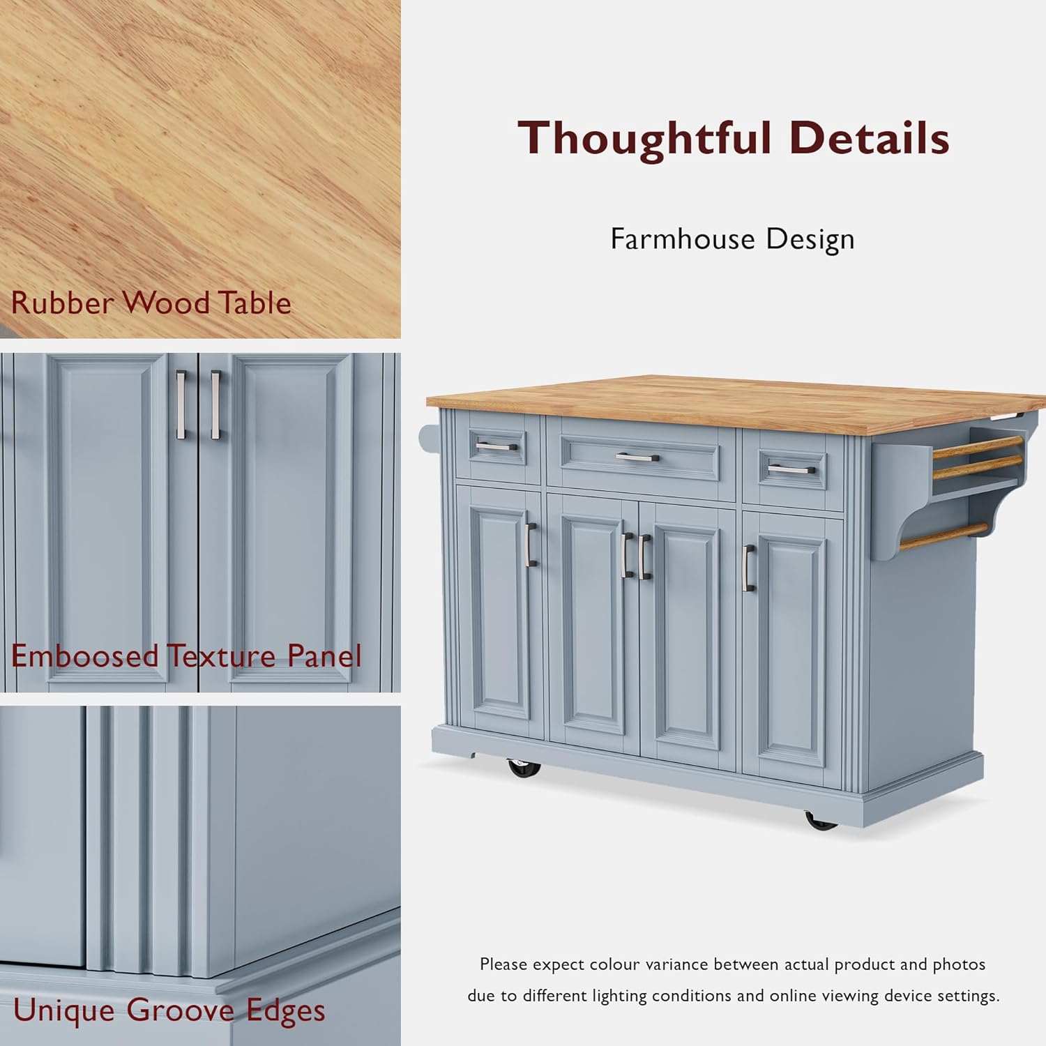 54' Rolling Storage Kitchen Island Cart on 4 Wheels with Drop Leaf, Embossed Texture, 4 Doors and 3 Drawers for Kitchen, Dining Room, Grey Blue, Rubber Wood Top