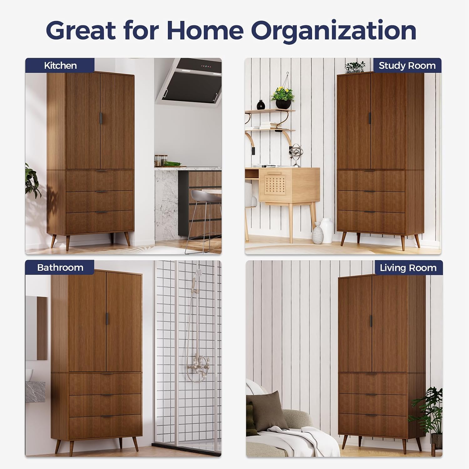 Tall Storage Cabinet, Kitchen Pantry Cabinet with Adjustable Shelves & Fluted Panel Design, Wood Cupboard with 3 Drawers 2 Doors, Tall Home Cupboard for Living Room, Kitchen, Walnut