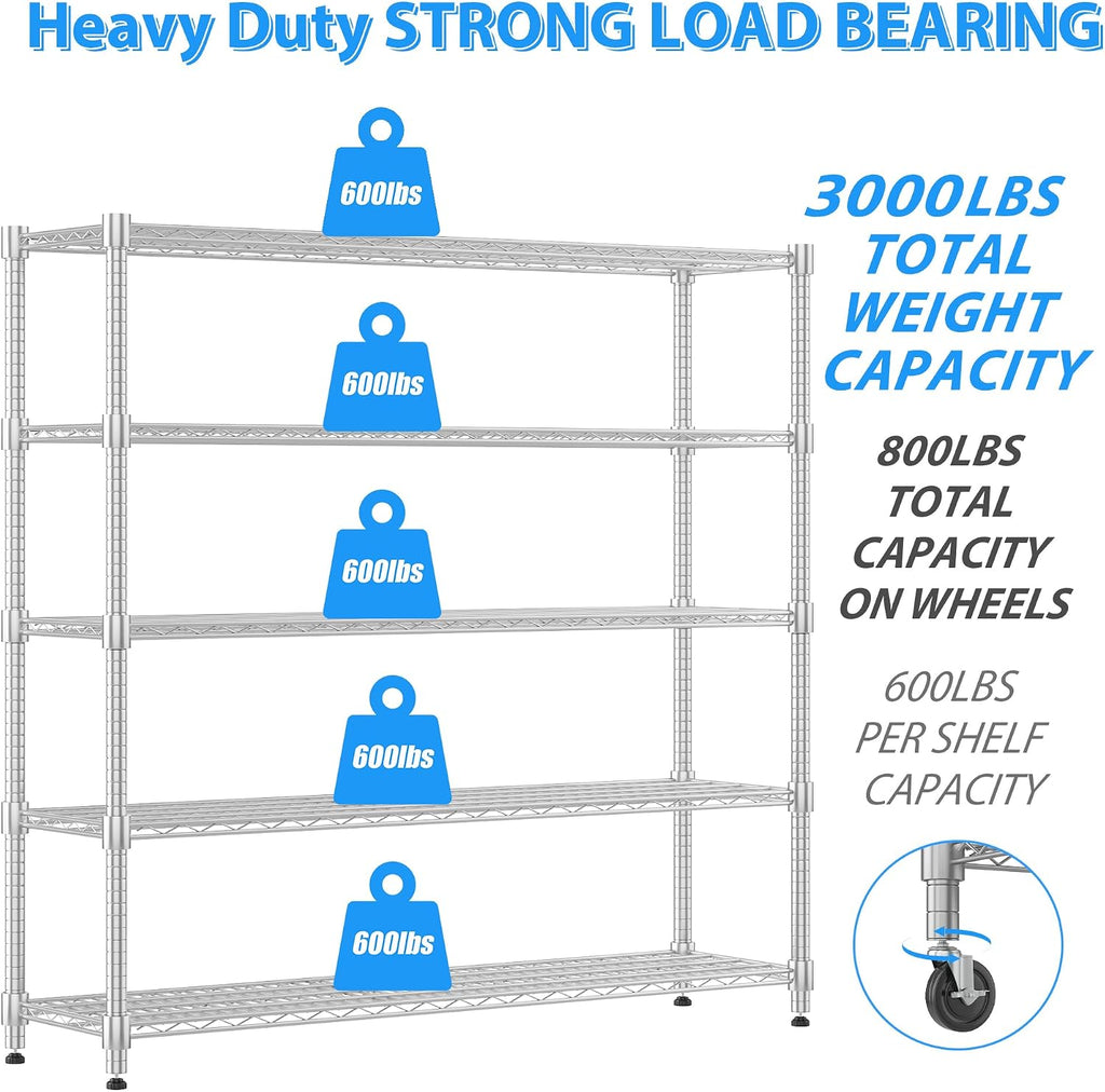 Homdox 5 Tier Heavy Duty Metal Wire Shelving with Wheels, 3000 lbs Capacity Garage Storage Rack, Rolling Industrial Storage, Adjustable Commercial Shelves for Kitchen, Warehouse, 18'x60'x82', Chrome