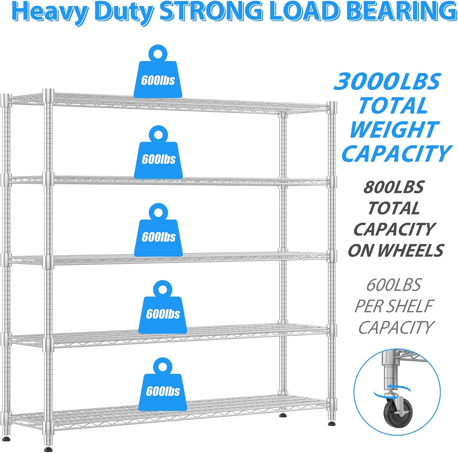 Homdox 5 Tier Heavy Duty Metal Wire Shelving with Wheels, 3000 lbs Capacity Garage Storage Rack, Rolling Industrial Storage, Adjustable Commercial Shelves for Kitchen, Warehouse, 18'x60'x82', Chrome