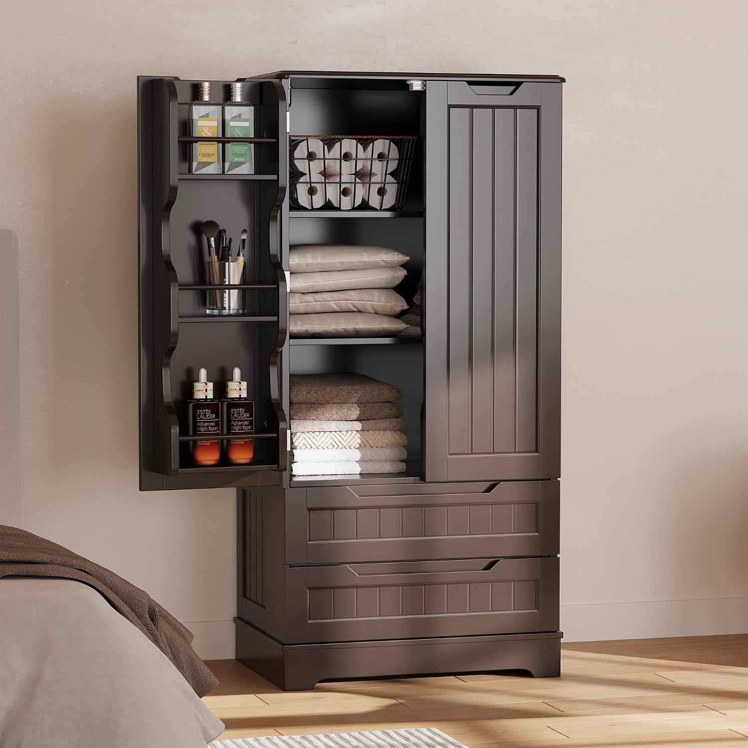 Gizoon Kitchen Pantry Cabinet with Drawers, 47' Small Food Pantry Storage Cabinet with 6 Door Shelves for Snack and Spice, Freestanding Craft Storage Cabinet for Craft Room, Dark Brown, Painted