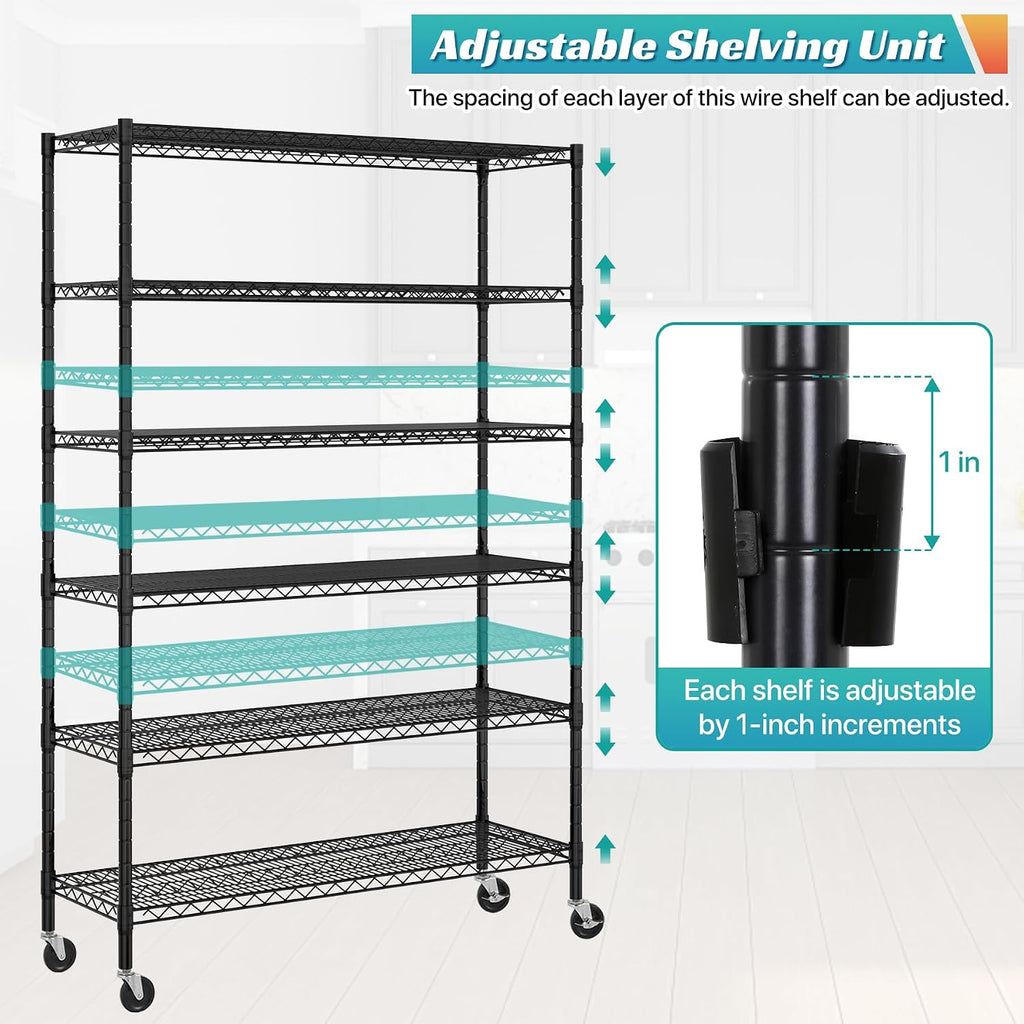 6 Tier Storage Shelves, Heavy Duty Storage Racks and Shelving Adjustable Metal Shelves, Steel Standing Shelf Units, 6000lbs Capacity, Wire Shelf for Warehouse, Garage, Black