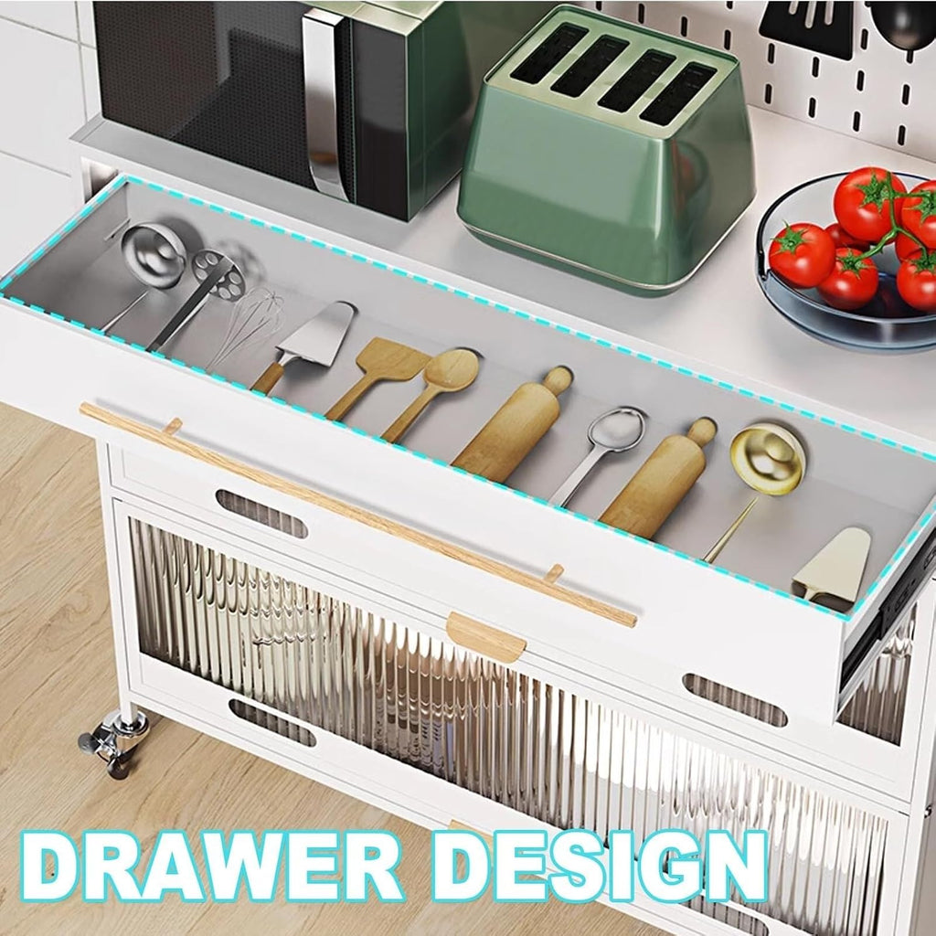 Metal Kitchen Storage Cabinet with Drawers, Pegboard Hooks & Flip Doors, Microwave Stand for Home & Office, Stylish Black, 80cm & 100cm Options, Bakers Rack Organizer