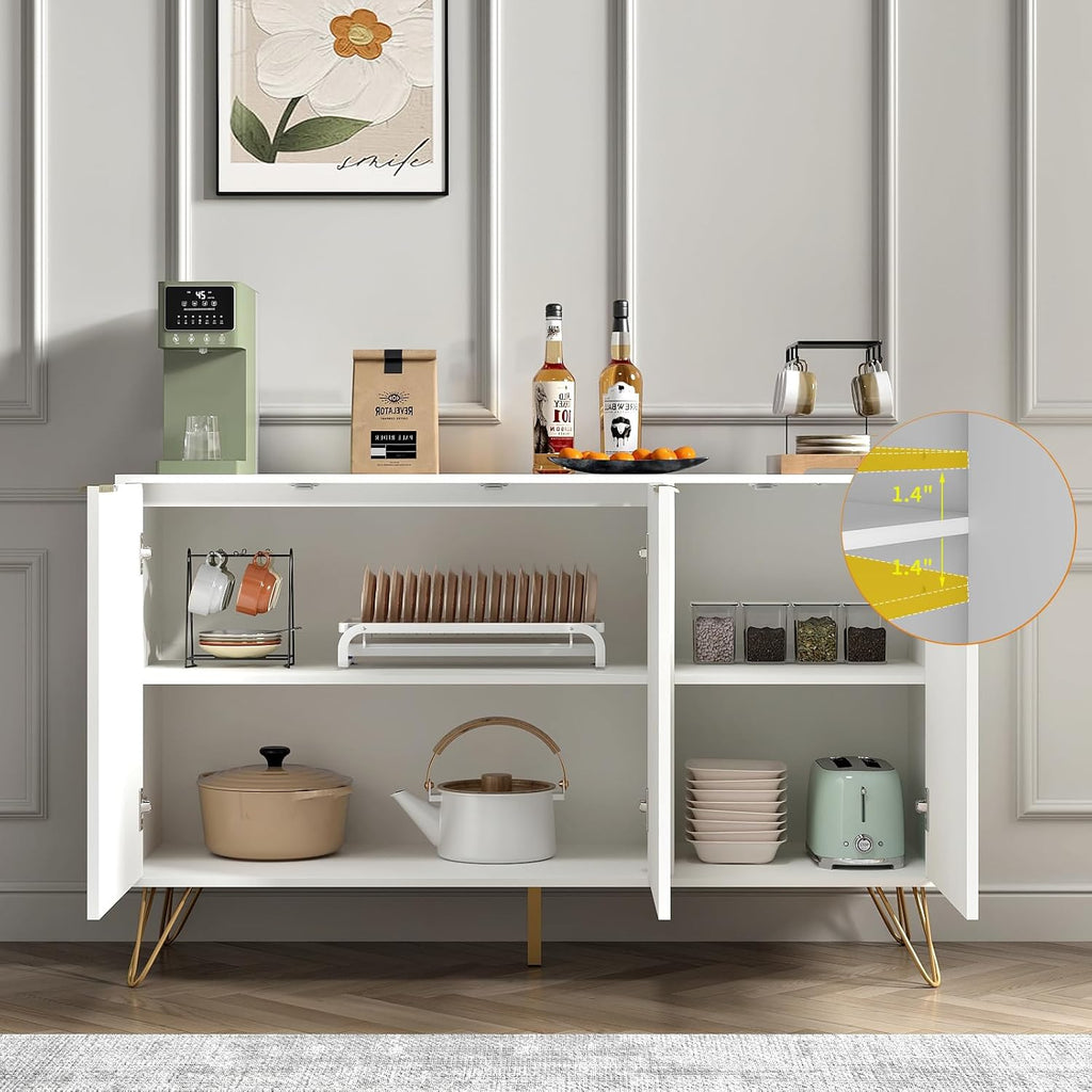 Storage Cabinet with 3 Doors, Buffet Cabinet with Storage, Sideboard Coffee Bar Cabinet with Metal Legs and Adjustable Shelf for Kitchen, Dining Room, Living Room, Office, White