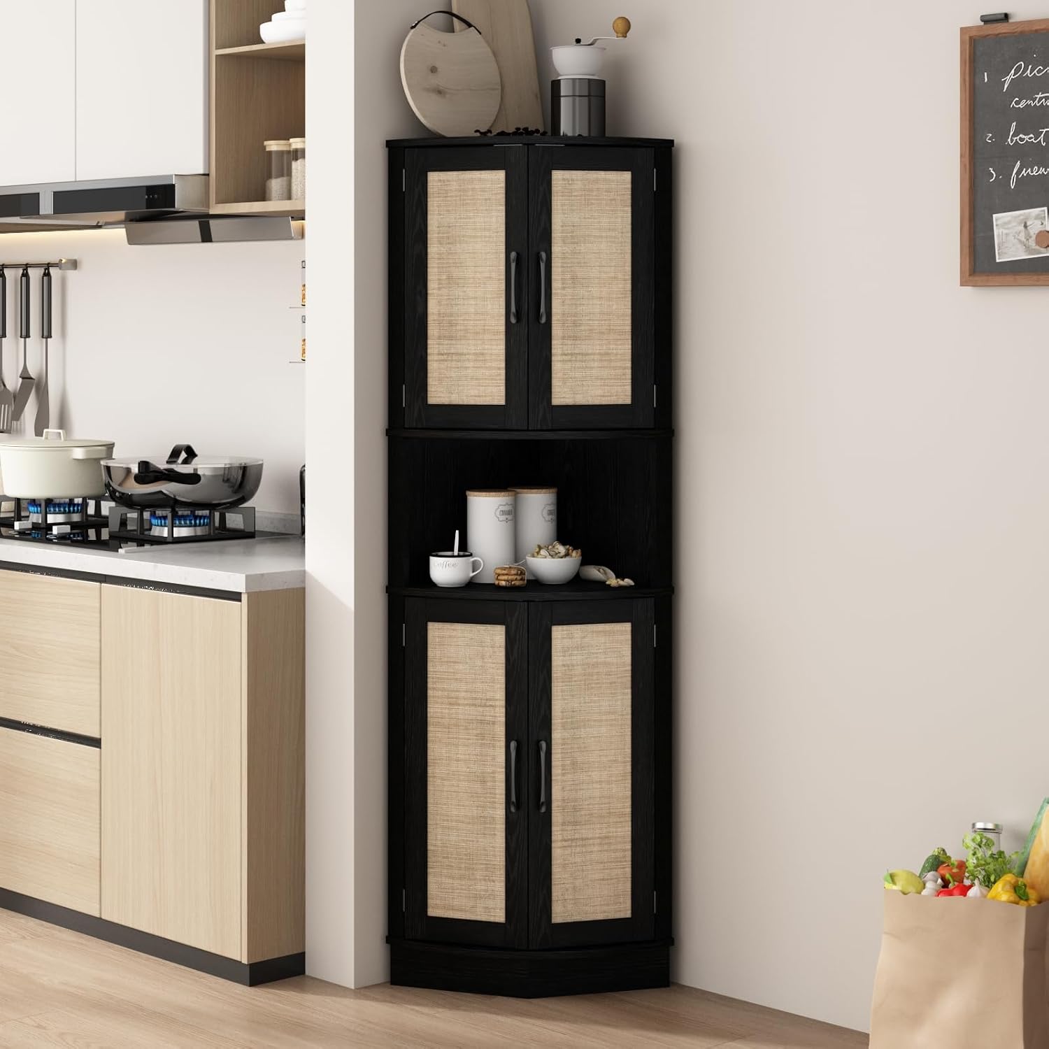 HOKYHOKY Tall Corner Cabinet, 64.7' Rattan Corner Storage Cabinet with 4 Doors and 5 Storage Shelves, Farmhouse Space Saver, Boho Shelf for Living Room, Kitchen, Bathroom, Office, Rustic Black