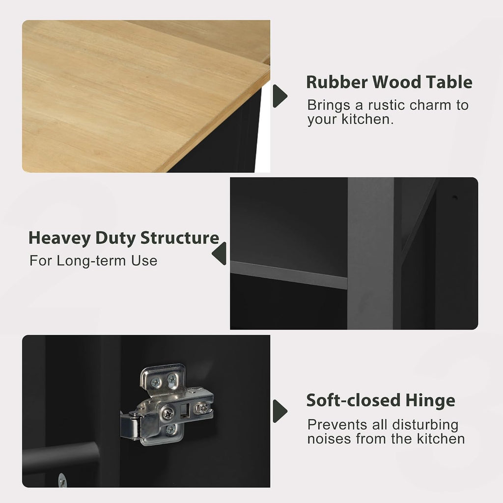 47' Kitchen Island with Extendable Dining Table, Rubber Wood Veneer Kitchen Table with Internal Storage Rack, Power Outlet, 2 Drawers, 2 Cabinet for Kitchen, Dining Room Black