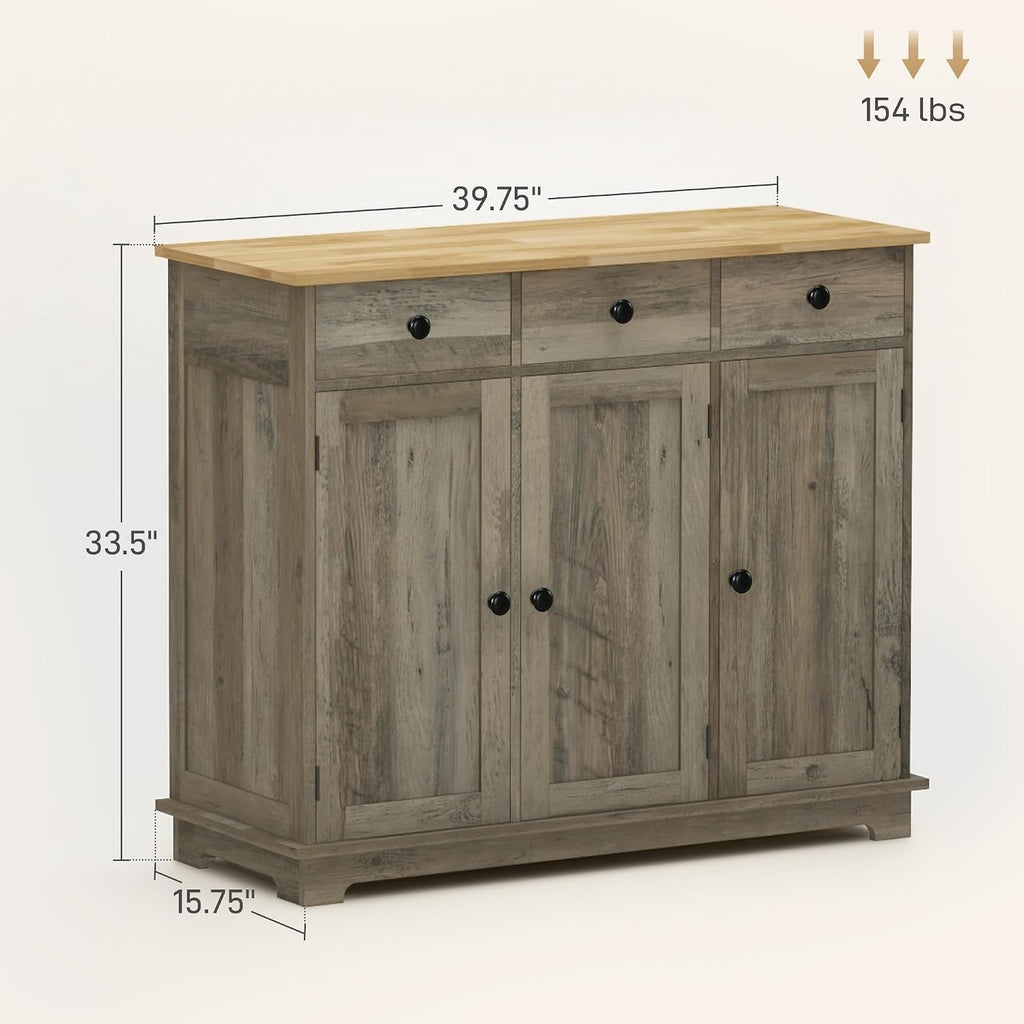 40' Solid Wood Top Freestanding Storage Cabinet, Kitchen Storage Bakers Rack with Drawers, Utility Food Cupboard with Adjustable Shelf for Dining Room Entryway, Gray