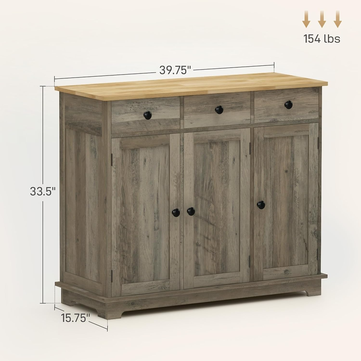 40' Solid Wood Top Freestanding Storage Cabinet, Kitchen Storage Bakers Rack with Drawers, Utility Food Cupboard with Adjustable Shelf for Dining Room and Entryway, Gray