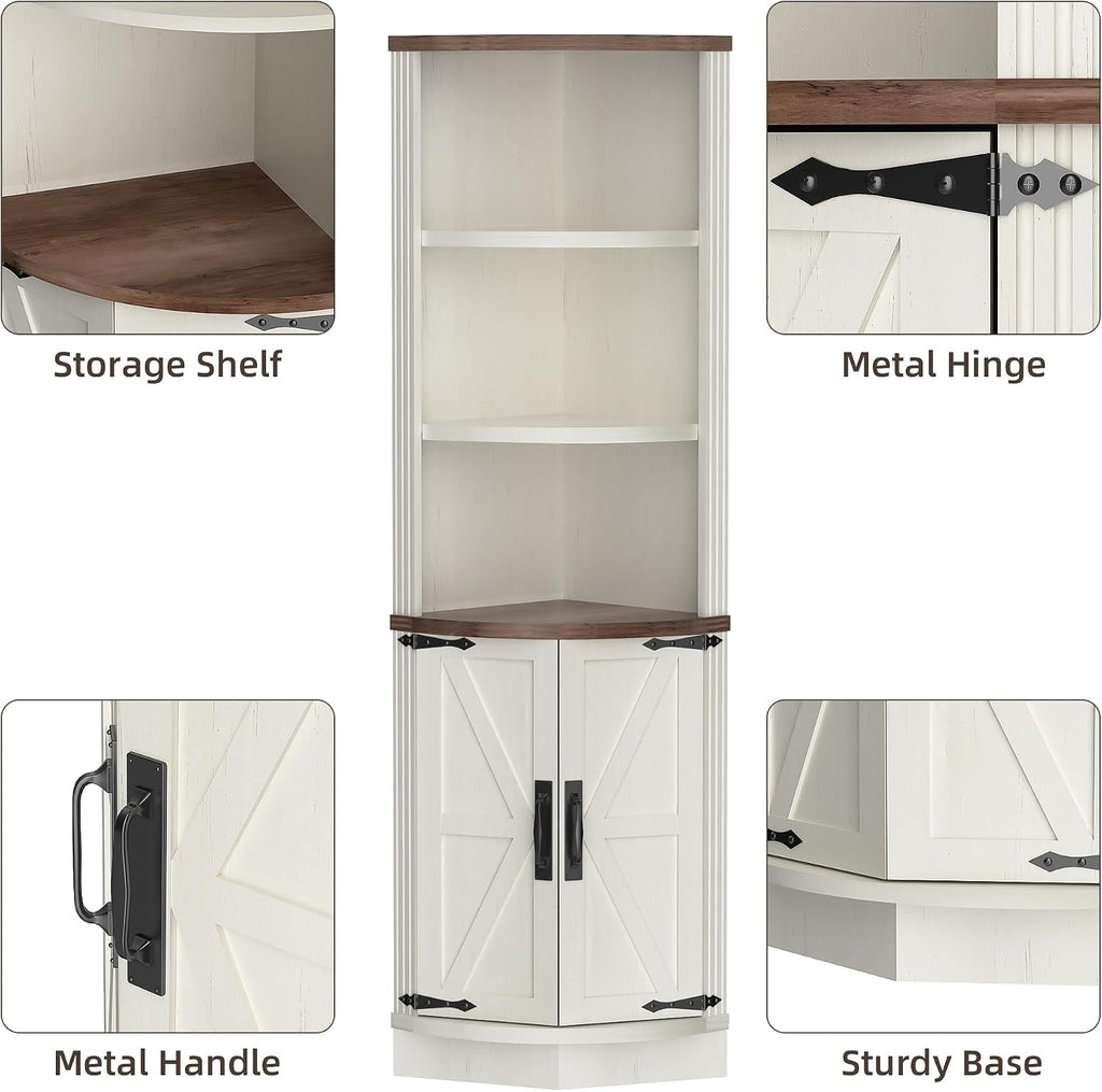 AHB 63' Tall Corner Cabinet Farmhouse Storage Cabinet with Doors and Shelves, Home Space Saver Corner Storage Shelf for Kitchen Living Room, Antique White